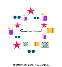 summer travel suitcase cocktail photo camera sunglasses starfish vector background