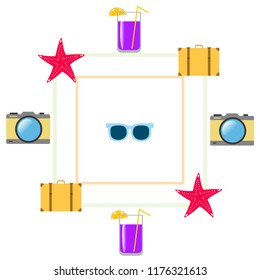 summer travel suitcase cocktail photo camera sunglasses starfish vector background