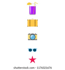 summer travel suitcase cocktail photo camera sunglasses starfish vector background