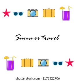 summer travel suitcase cocktail photo camera sunglasses starfish vector background