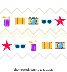 summer travel suitcase cocktail photo camera sunglasses starfish vector background