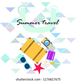 summer travel suitcase cocktail photo camera sunglasses starfish vector background