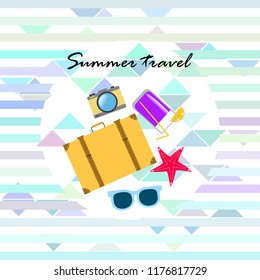 summer travel suitcase cocktail photo camera sunglasses starfish vector background