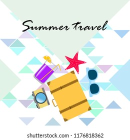 summer travel suitcase cocktail photo camera sunglasses starfish vector background