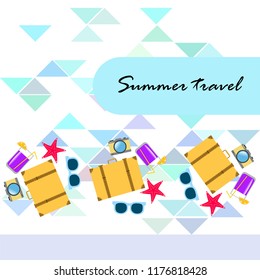 summer travel suitcase cocktail photo camera sunglasses starfish vector background
