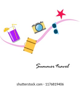 summer travel suitcase cocktail photo camera sunglasses starfish vector background