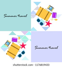 summer travel suitcase cocktail photo camera sunglasses starfish vector background