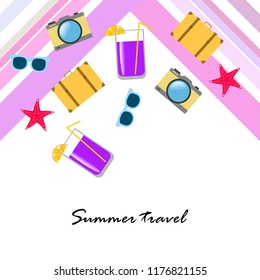 summer travel suitcase cocktail photo camera sunglasses starfish vector background