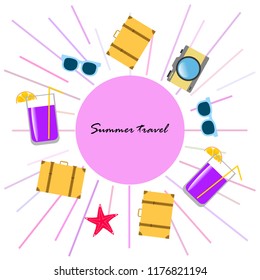 summer travel suitcase cocktail photo camera sunglasses starfish vector background