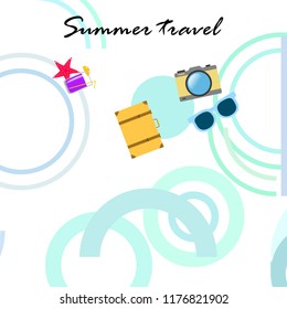 summer travel suitcase cocktail photo camera sunglasses starfish vector background