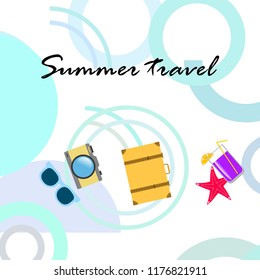 summer travel suitcase cocktail photo camera sunglasses starfish vector background