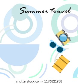 summer travel suitcase cocktail photo camera sunglasses starfish vector background