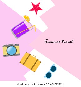summer travel suitcase cocktail photo camera sunglasses starfish vector background