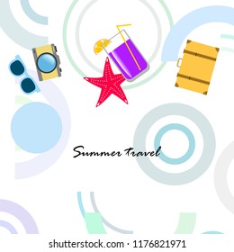 summer travel suitcase cocktail photo camera sunglasses starfish vector background