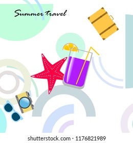 summer travel suitcase cocktail photo camera sunglasses starfish vector background