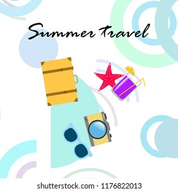 summer travel suitcase cocktail photo camera sunglasses starfish vector background