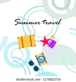 summer travel suitcase cocktail photo camera sunglasses starfish vector background