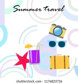 summer travel suitcase cocktail photo camera sunglasses starfish vector background