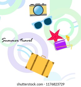 summer travel suitcase cocktail photo camera sunglasses starfish vector background