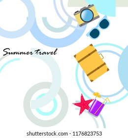 summer travel suitcase cocktail photo camera sunglasses starfish vector background