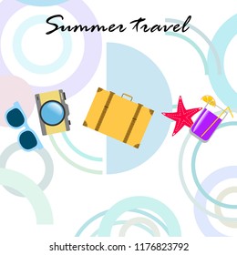 summer travel suitcase cocktail photo camera sunglasses starfish vector background