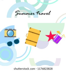 summer travel suitcase cocktail photo camera sunglasses starfish vector background