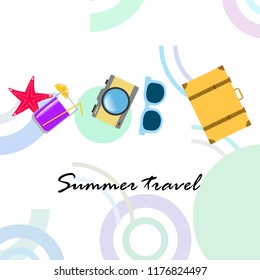 summer travel suitcase cocktail photo camera sunglasses starfish vector background