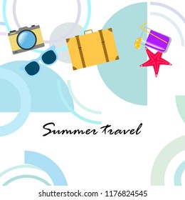 summer travel suitcase cocktail photo camera sunglasses starfish vector background