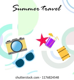 summer travel suitcase cocktail photo camera sunglasses starfish vector background