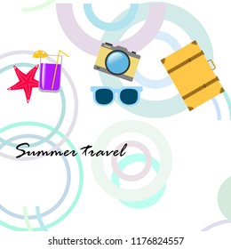 summer travel suitcase cocktail photo camera sunglasses starfish vector background