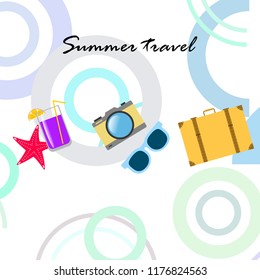 summer travel suitcase cocktail photo camera sunglasses starfish vector background