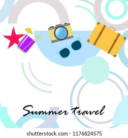 summer travel suitcase cocktail photo camera sunglasses starfish vector background