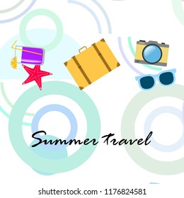 summer travel suitcase cocktail photo camera sunglasses starfish vector background