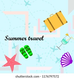 summer travel suitcase cocktail shell seashell star flip flops vector background