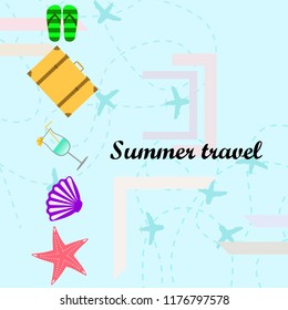 summer travel suitcase cocktail shell seashell star flip flops vector background