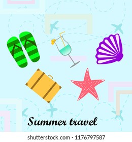 summer travel suitcase cocktail shell seashell star flip flops vector background