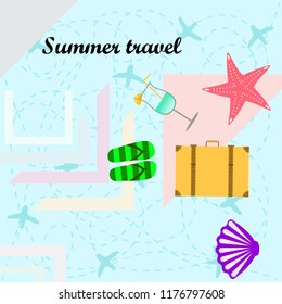 summer travel suitcase cocktail shell seashell star flip flops vector background