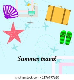 summer travel suitcase cocktail shell seashell star flip flops vector background