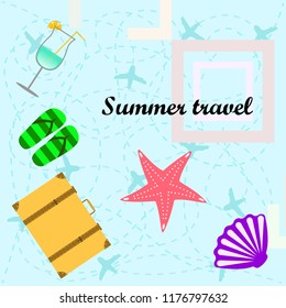 summer travel suitcase cocktail shell seashell star flip flops vector background