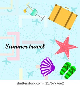 summer travel suitcase cocktail shell seashell star flip flops vector background