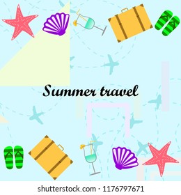 summer travel suitcase cocktail shell seashell star flip flops vector background