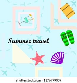 summer travel suitcase cocktail shell seashell star flip flops vector background