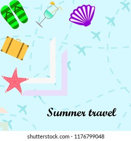 summer travel suitcase cocktail shell seashell star flip flops vector background
