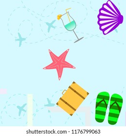summer travel suitcase cocktail shell seashell star flip flops vector background
