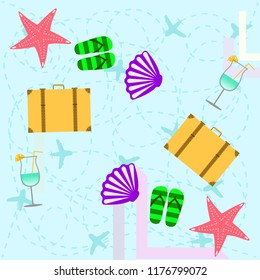 summer travel suitcase cocktail shell seashell star flip flops vector background