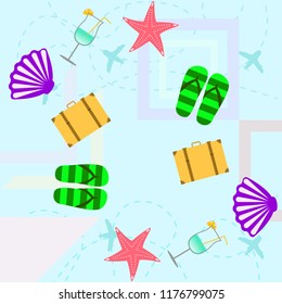 summer travel suitcase cocktail shell seashell star flip flops vector background