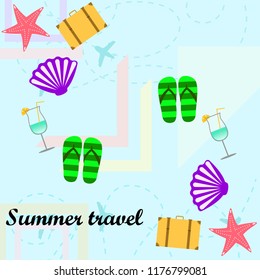 summer travel suitcase cocktail shell seashell star flip flops vector background