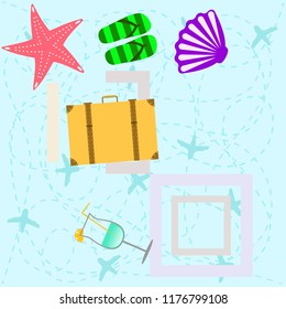summer travel suitcase cocktail shell seashell star flip flops vector background