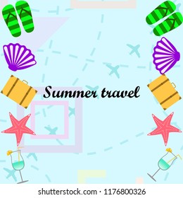 summer travel suitcase cocktail shell seashell star flip flops vector background