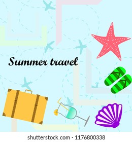 summer travel suitcase cocktail shell seashell star flip flops vector background
